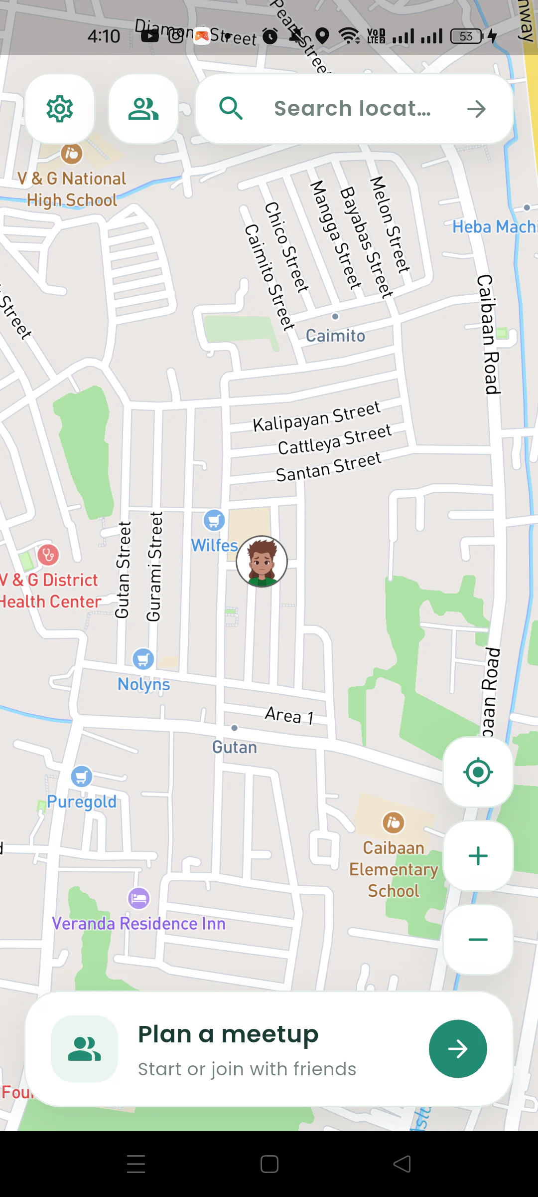 Gatherpin map showing the user's avatar and the Plan a meetup card.
