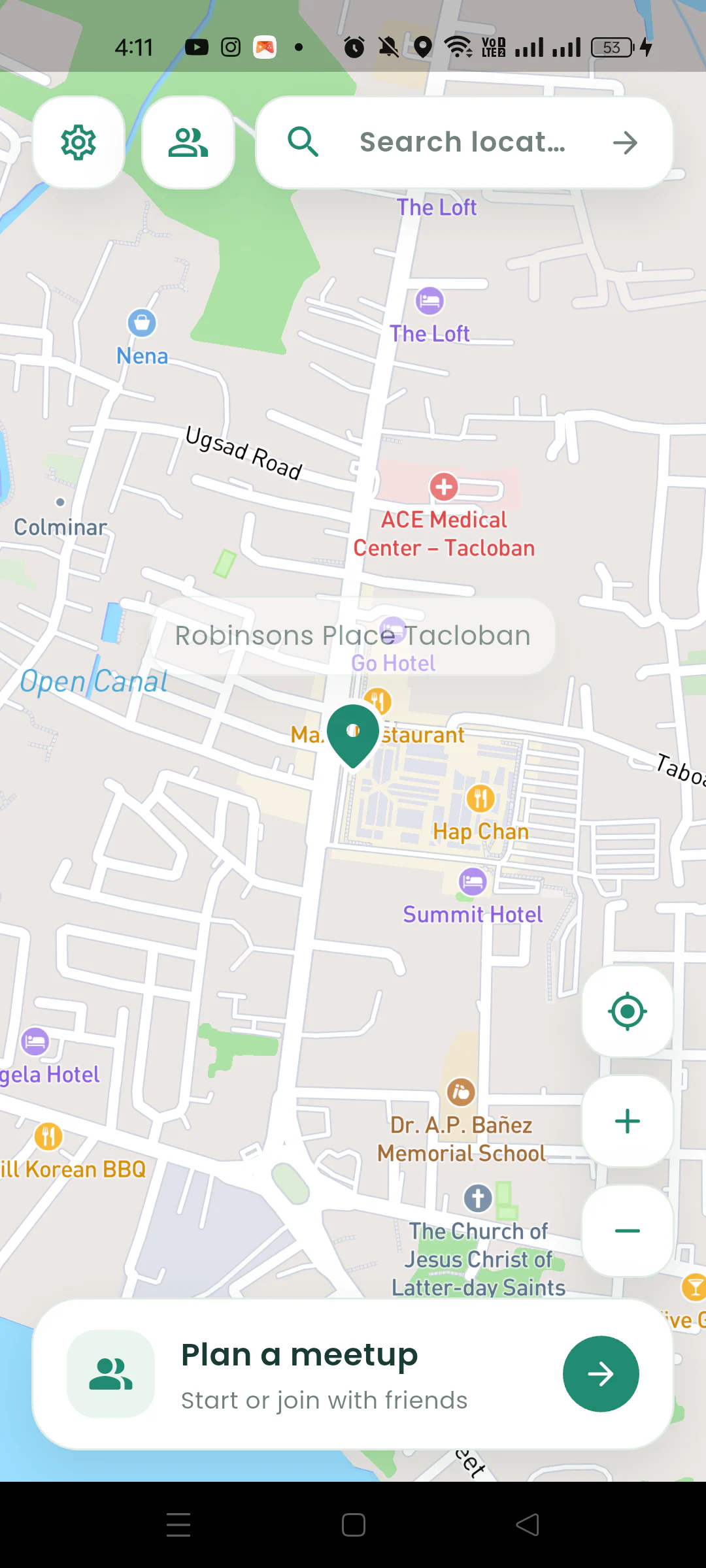 Gatherpin map with a green meetup pin at Robinsons Place Tacloban.