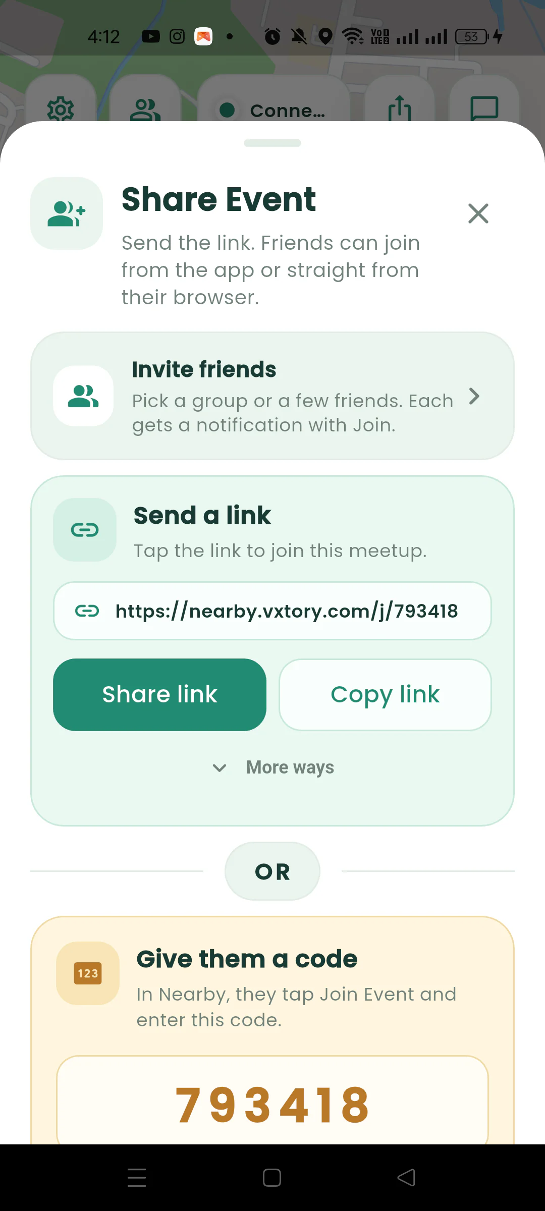 Gatherpin Share Event sheet with invite, link, copy, and meetup code options.
