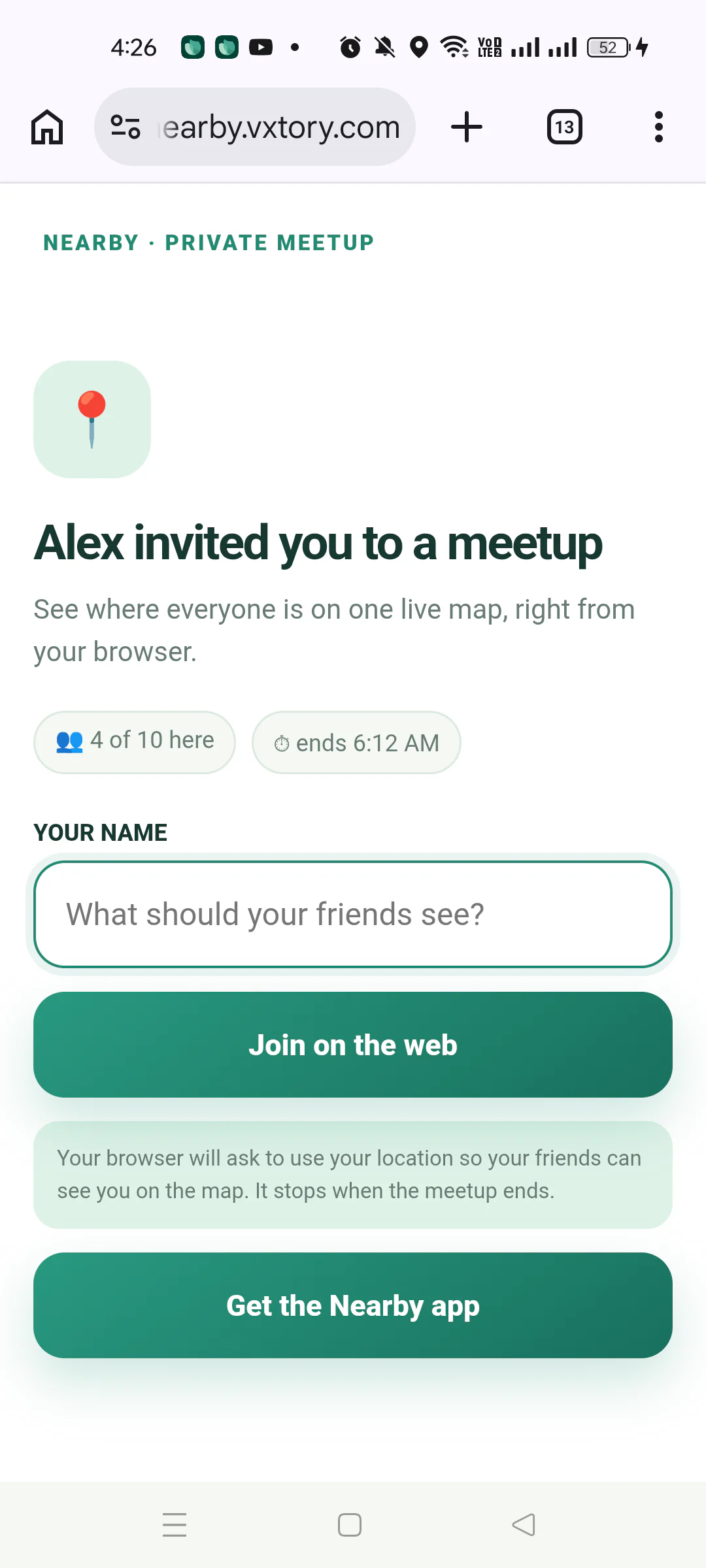 Gatherpin browser join page with a name field and Join on the web button.