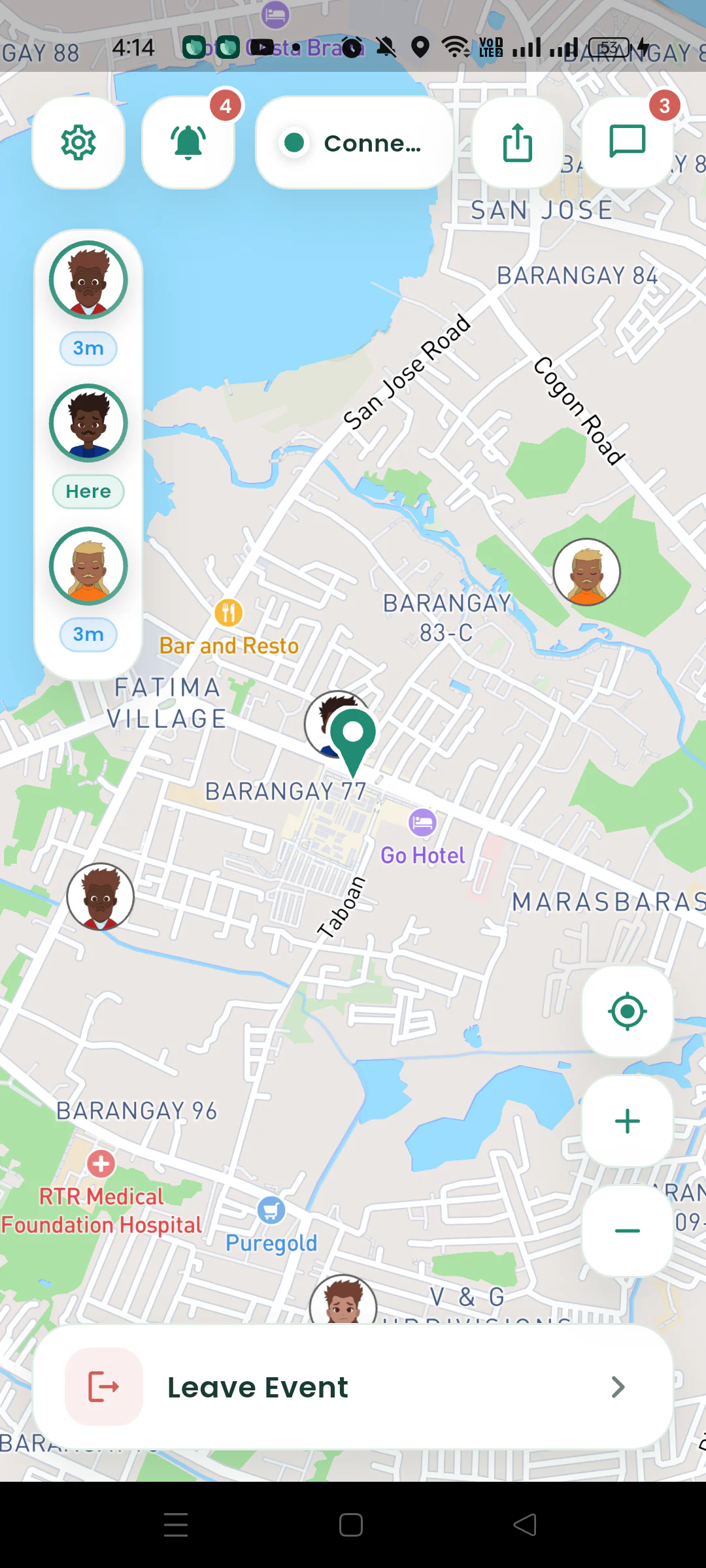 Gatherpin live map with four friend avatars and their arrival times.