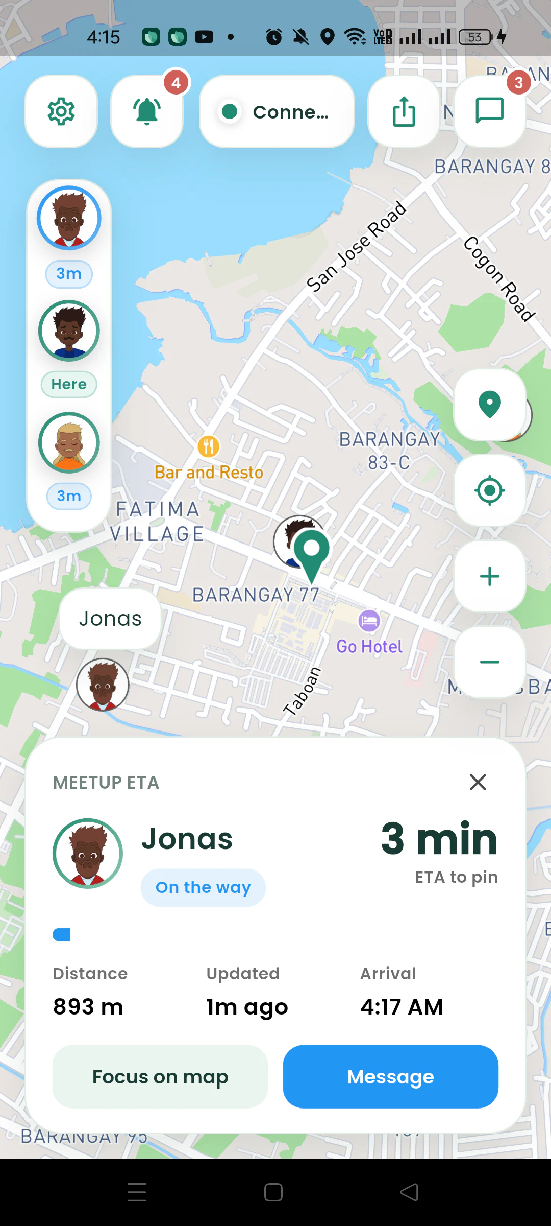 Gatherpin Meetup ETA card showing a friend three minutes from the pin.