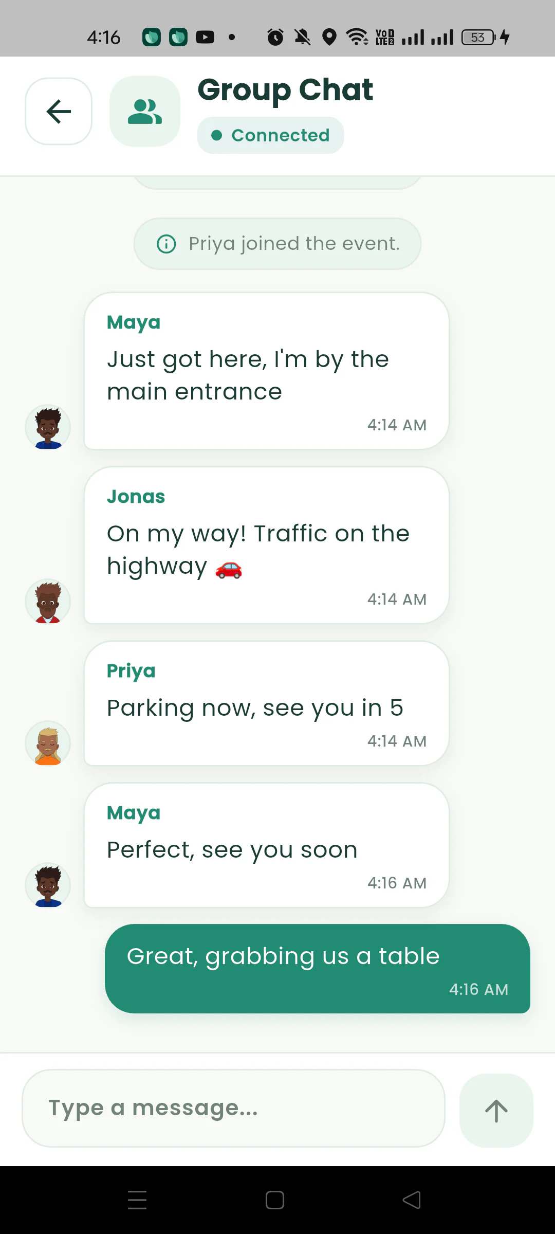 Gatherpin group chat with messages from several meetup members.
