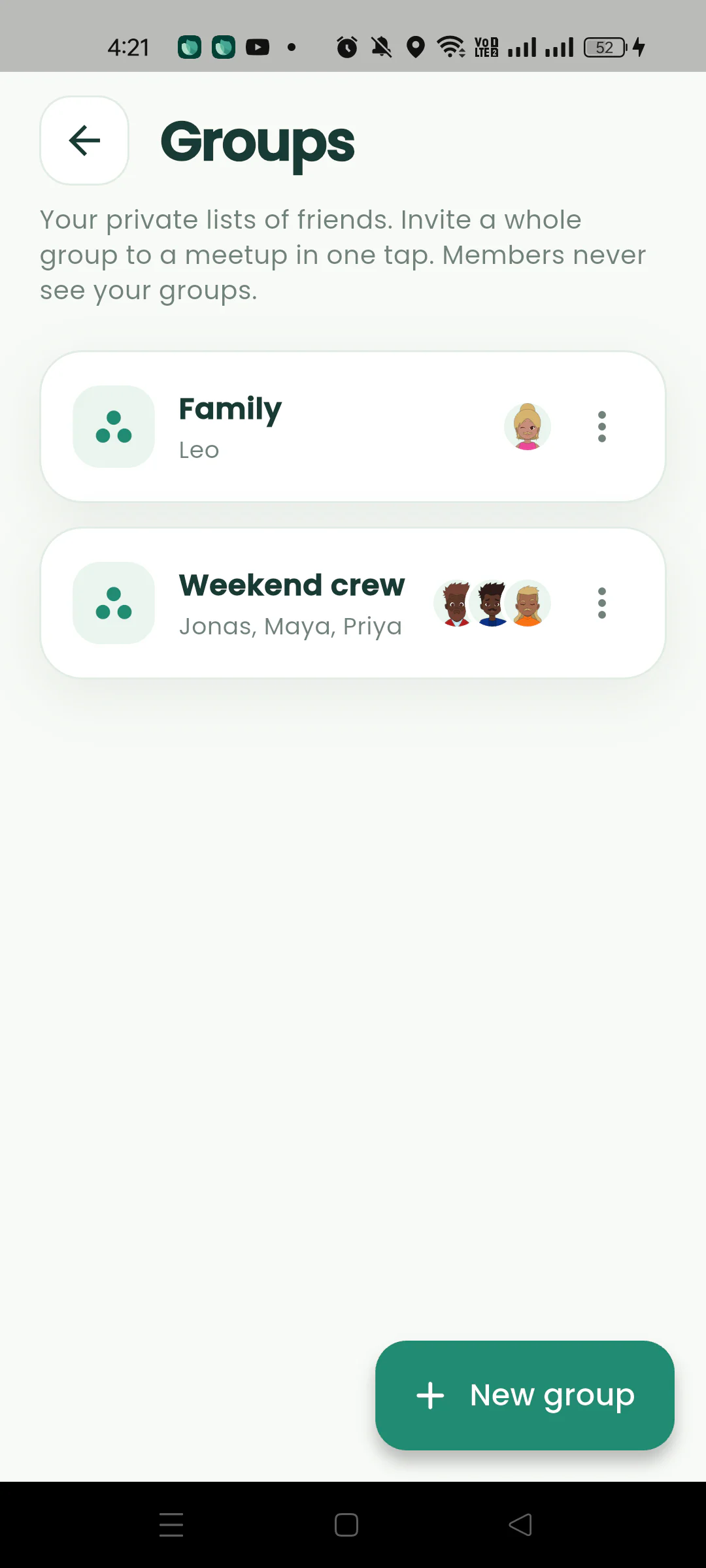 Gatherpin Groups page listing Family and Weekend crew.