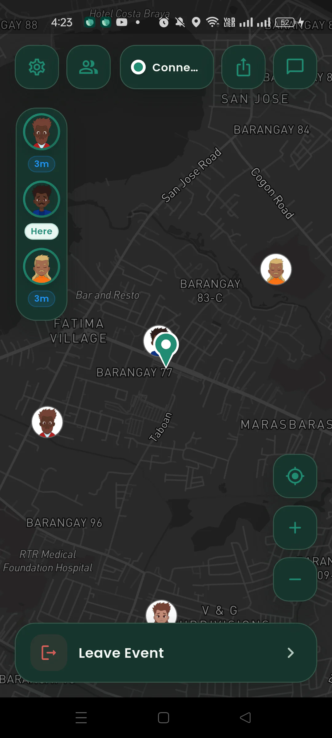 Gatherpin live meetup map displayed in dark mode.